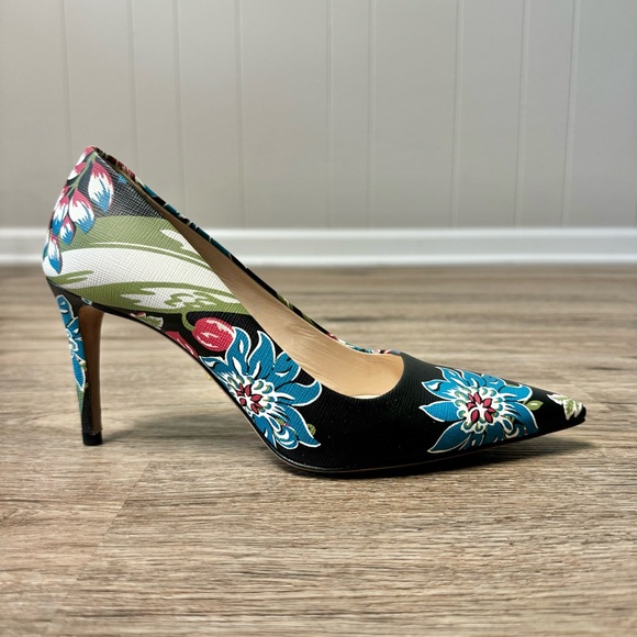 Prada St Ramage Black Floral Print Saffiano Leather Stiletto High Heels 7.5 37.5 - Picture 2 of 12